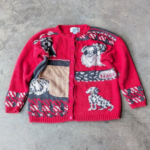 Vintage Sweaters - Vintage Cervelle Red Knit Doggie Cardigan Sweater medium